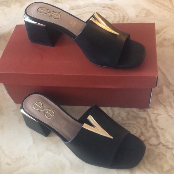 EXÉ CARMEN BLACK MULE • GOLD ACCENTS • 2” BLOCK HEEL • Sz 38 • NWT - Picture 3 of 15